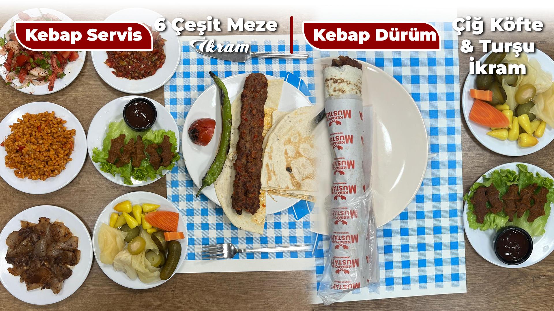 Adana kebap ve tavuk dürüm tabakları – meze ikramlarıyla birlikte sunum